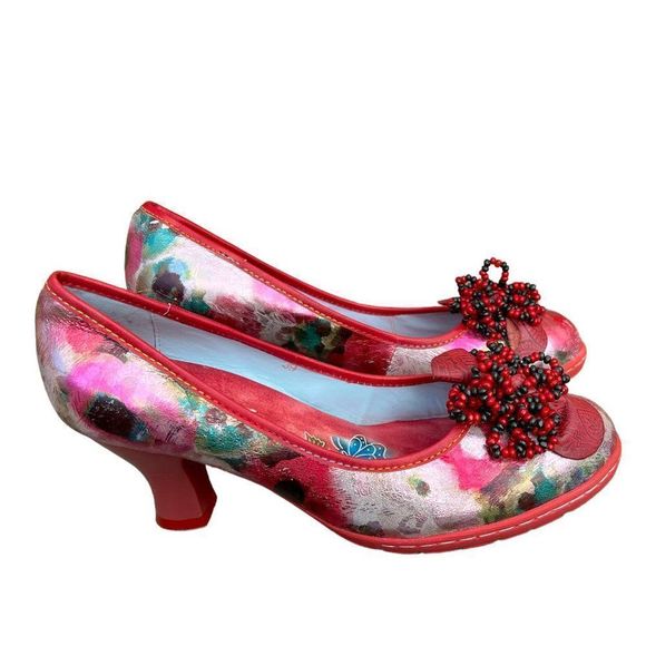 SOCOFY Red Floral Beaded Pumps with Louis Heel Rubber Sole, Size EU 39, US 8M - Picture 2 of 9